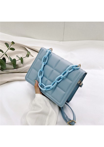 Mavi Rahat Bayanlar Mini Çanta Flap Çanta Moda Kadın Damalı Pu Deri Düz Renk Crossbody Messenger Omuz Çantası (Yurt Dışından)