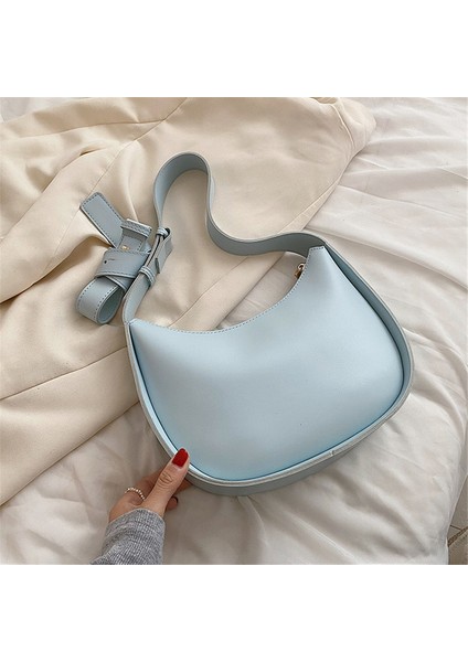 Gök Mavisi Çanta Moda Gök Mavisi Kadın Çanta Pu Deri Yuvarlak Omuz Çantaları Kadınlar Için 2022 Yaz Açık Renk Bayan Crossbody Çanta Basit Kese (Yurt Dışından)