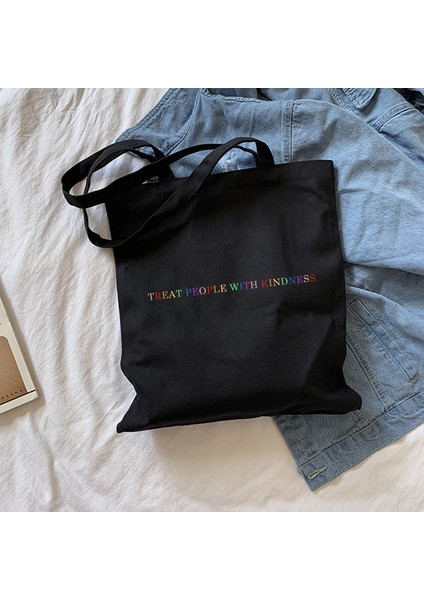 Black-B Kadın Çantası Rahat Büyük Kapasiteli Omuz Çantaları Shopper Tuval Mektubu Moda Harajuku Baskı Shopper Çanta (Yurt Dışından) modelleri