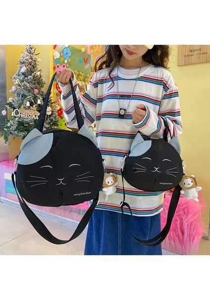 Siyah Küçük Kedi Komik Kedi Kanvas Çanta Büyük Kapasiteli Yuvarlak Karikatür Kadın Çanta Omuz Çantaları Gençlik Moda Sling Messenger Çanta Bez Çantalar (Yurt Dışından) modelleri