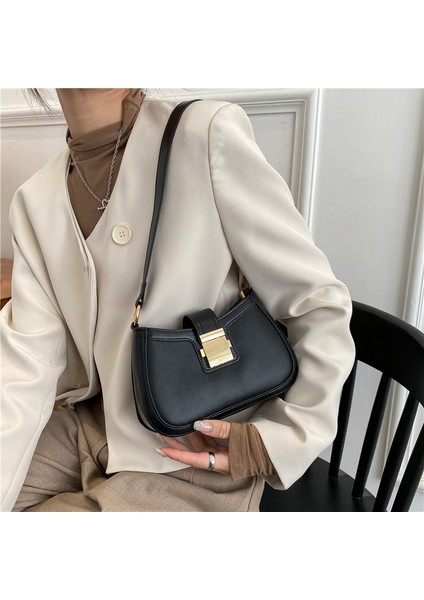 Siyah Vintage Trendy Bayanlar Koltukaltı Omuz Çantası Düz Renk Lake Pu Deri Çanta Kadın Moda Marka Basit Kadın Zincir Çanta (Yurt Dışından) indirimleri