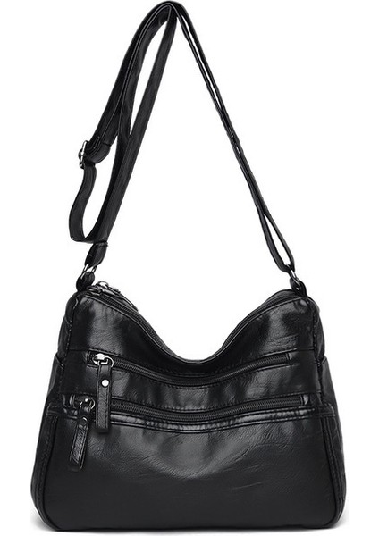 Siyah Style1 Yogodlns Vintage Omuz Kadın Çantası Yıkanmış Pu Deri Crossbody Çanta Işlevli Messenger Çanta Büyük Kapasiteli Bayan Çanta (Yurt Dışından)