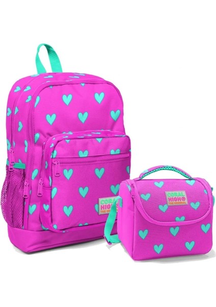 Kids Neon Pembe Su Yeşili Kalp Desenli 2’li Okul Çanta Seti