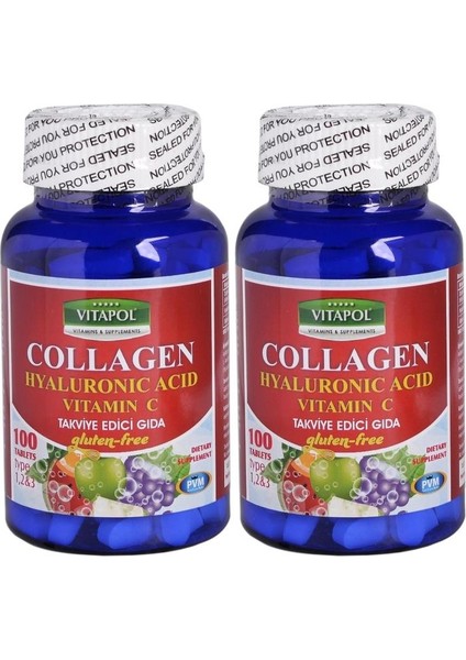 Hidrolize Kolajen Hyaluronik Asit C Vitamini 2 x 100 Tablet Hydrolyzed Collagen Hyaluronic Acid Vitamin C