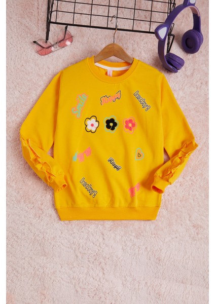 Sarı Çiçek Nakışlı Uzun Kol Kız Çocuk Sweatshirt 16303