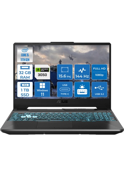 TUF Gaming F15 Intel Core i5 11400H 32GB 1TB SSD 4GB RTX3050 Windows 11 Home 15.6" FHD Taşınabilir Bilgisayar FX506HC-HN375014