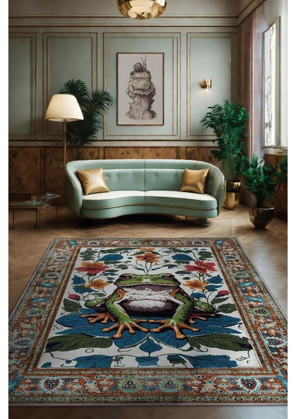 Nuh'un Gemisi Koleksiyonu Kurbağa, Çiçek Desenli Art Deco Tarzı Vintage Halı,Çok Renkli Maksimalist Halı