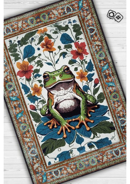 Nuh'un Gemisi Koleksiyonu Kurbağa, Çiçek Desenli Art Deco Tarzı Vintage Halı,Çok Renkli Maksimalist Halı