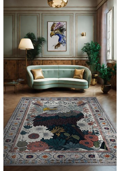 Nuh'un Gemisi Koleksiyonu Kartal, Çiçek Desenli Art Deco Tarzı Vintage Halı,Çok Renkli Maksimalist Halı