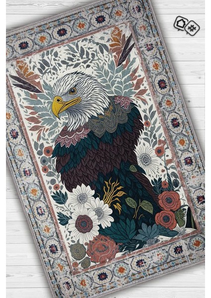Nuh'un Gemisi Koleksiyonu Kartal, Çiçek Desenli Art Deco Tarzı Vintage Halı,Çok Renkli Maksimalist Halı
