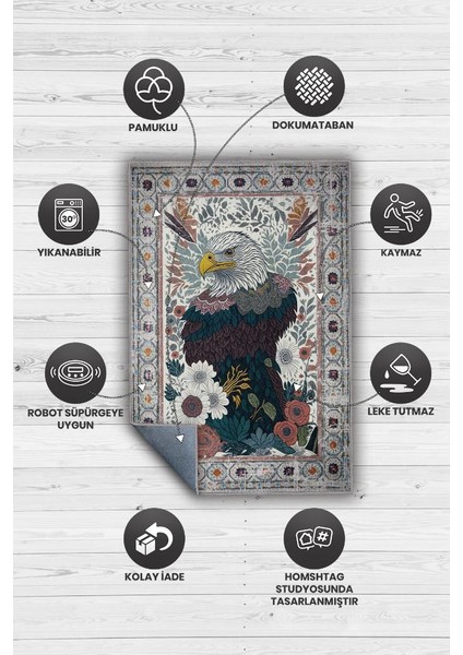 Nuh'un Gemisi Koleksiyonu Kartal, Çiçek Desenli Art Deco Tarzı Vintage Halı,Çok Renkli Maksimalist Halı