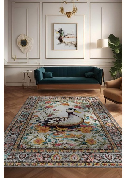 Nuh'un Gemisi Koleksiyonu Ördek, Çiçek Desenli Art Deco Tarzı Vintage Halı,Çok Renkli Maksimalist Halı