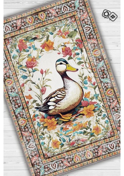 Nuh'un Gemisi Koleksiyonu Ördek, Çiçek Desenli Art Deco Tarzı Vintage Halı,Çok Renkli Maksimalist Halı
