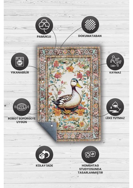 Nuh'un Gemisi Koleksiyonu Ördek, Çiçek Desenli Art Deco Tarzı Vintage Halı,Çok Renkli Maksimalist Halı
