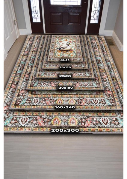 Nuh'un Gemisi Koleksiyonu Ördek, Çiçek Desenli Art Deco Tarzı Vintage Halı,Çok Renkli Maksimalist Halı