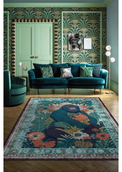 Nuh'un Gemisi Koleksiyonu Goril, Çiçek Desenli Art Deco Tarzı Vintage Halı,Çok Renkli Maksimalist Halı
