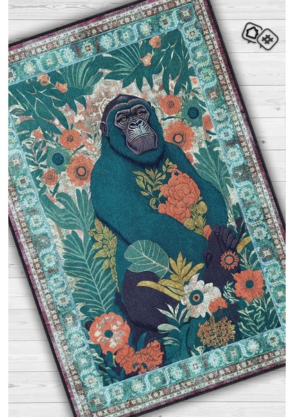Nuh'un Gemisi Koleksiyonu Goril, Çiçek Desenli Art Deco Tarzı Vintage Halı,Çok Renkli Maksimalist Halı