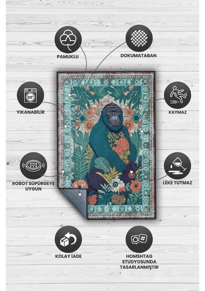 Nuh'un Gemisi Koleksiyonu Goril, Çiçek Desenli Art Deco Tarzı Vintage Halı,Çok Renkli Maksimalist Halı
