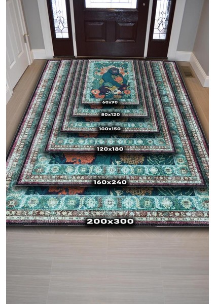 Nuh'un Gemisi Koleksiyonu Goril, Çiçek Desenli Art Deco Tarzı Vintage Halı,Çok Renkli Maksimalist Halı