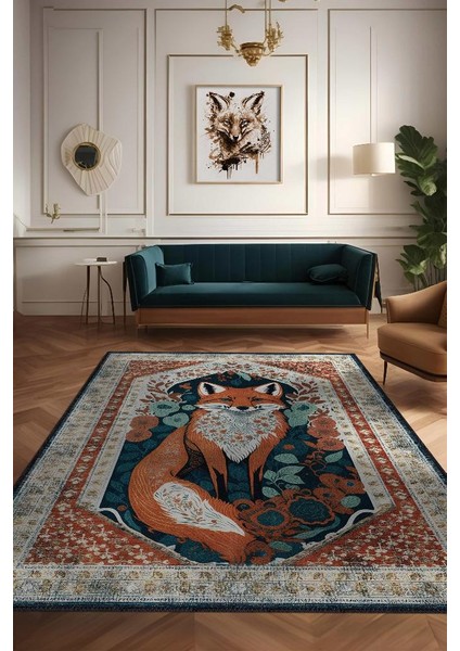Nuh'un Gemisi Koleksiyonu Tilki, Çiçek Desenli Art Deco Tarzı Vintage Halı,Çok Renkli Maksimalist Halı