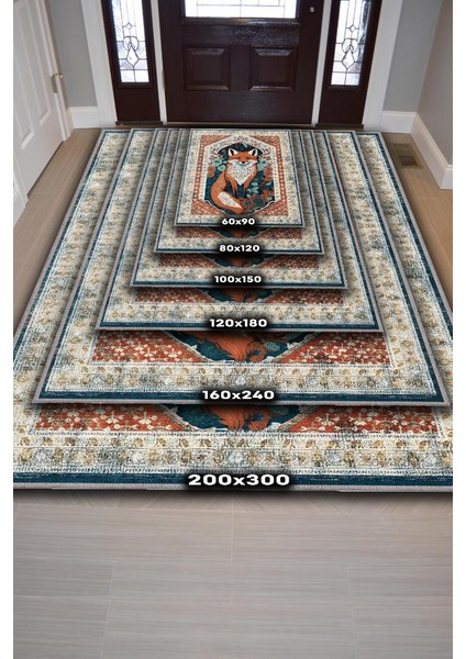 Nuh'un Gemisi Koleksiyonu Tilki, Çiçek Desenli Art Deco Tarzı Vintage Halı,Çok Renkli Maksimalist Halı