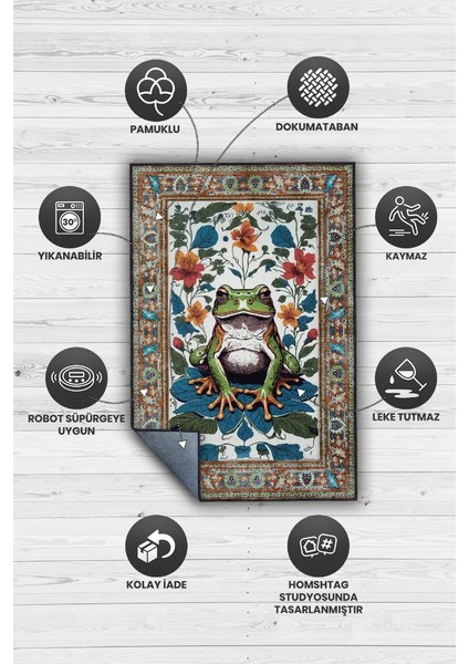 Nuh'un Gemisi Koleksiyonu Kurbağa, Çiçek Desenli Art Deco Tarzı Vintage Halı,Çok Renkli Maksimalist Halı