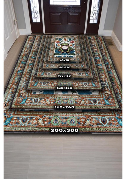 Nuh'un Gemisi Koleksiyonu Kurbağa, Çiçek Desenli Art Deco Tarzı Vintage Halı,Çok Renkli Maksimalist Halı