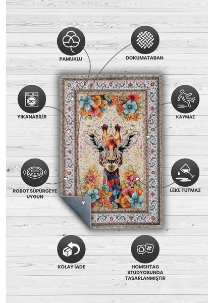 Nuh'un Gemisi Koleksiyonu Zürafa, Çiçek Desenli Art Deco Tarzı Vintage Halı,Çok Renkli Maksimalist Halı