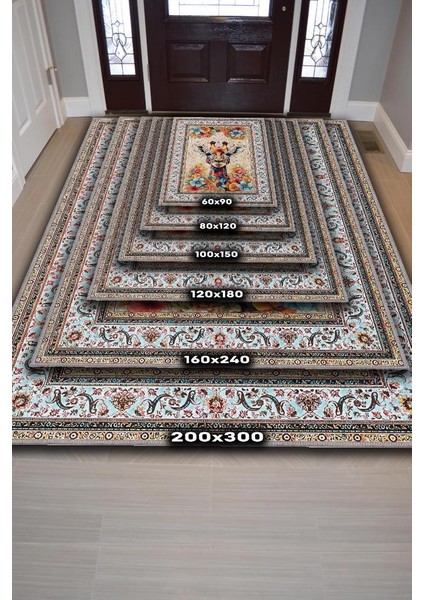 Nuh'un Gemisi Koleksiyonu Zürafa, Çiçek Desenli Art Deco Tarzı Vintage Halı,Çok Renkli Maksimalist Halı