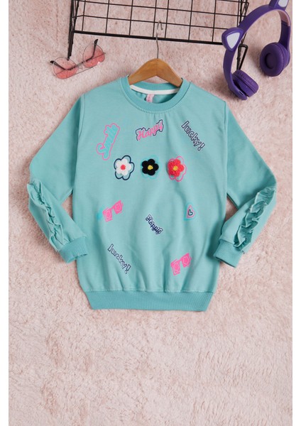 Mint Çiçek Nakışlı Uzun Kol Kız Çocuk Sweatshirt 16306