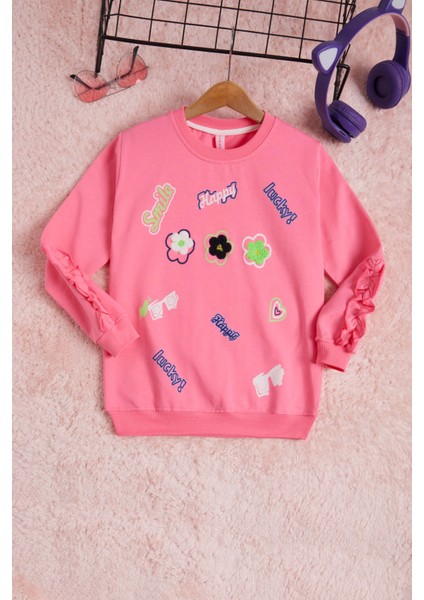 Pembe Çiçek Nakışlı Uzun Kol Kız Çocuk Sweatshirt 16305