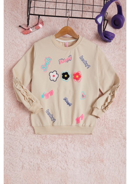 Krem Çiçek Nakışlı Uzun Kol Kız Çocuk Sweatshirt 16302