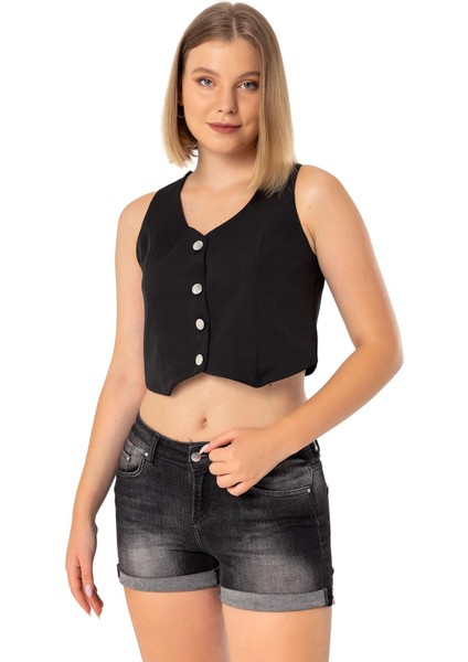 Düğmeli V Yaka Astarlı Kısa Siyah Kadın Yelek