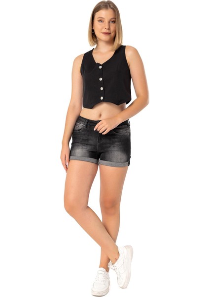 Düğmeli V Yaka Astarlı Kısa Siyah Kadın Yelek fiyatları