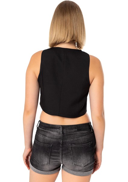 Düğmeli V Yaka Astarlı Kısa Siyah Kadın Yelek modelleri