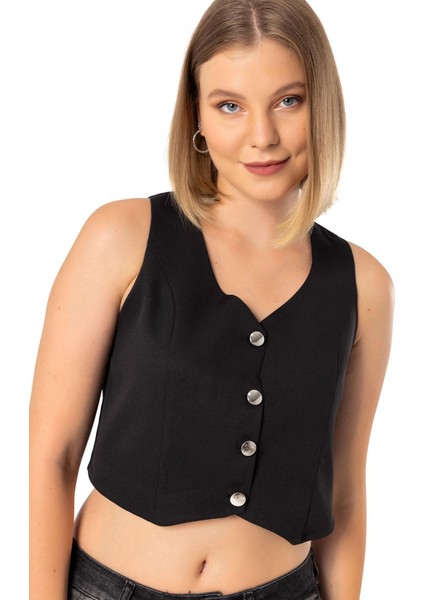 Düğmeli V Yaka Astarlı Kısa Siyah Kadın Yelek indirimleri