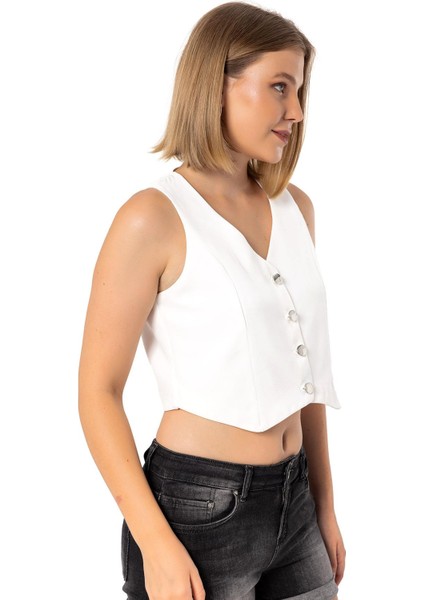 Düğmeli V Yaka Astarlı Kısa Beyaz Kadın Yelek fırsatları