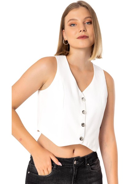 Düğmeli V Yaka Astarlı Kısa Beyaz Kadın Yelek indirimleri