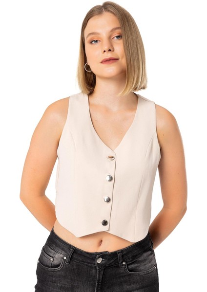 Düğmeli V Yaka Astarlı Kısa Bej Rengi Kadın Yelek indirimleri