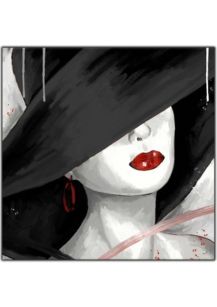 Siyah Şapkalı Kırmızı Dudaklı Kadın Kanvas Tablo