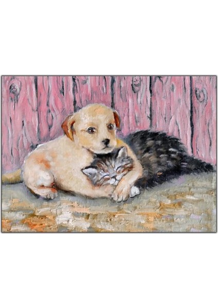 Kedi Ile Köpeğin Dostluğu Kanvas Tablo