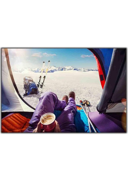 Kar Manzaralı Kampta Kahve Keyfi Kanvas Tablo