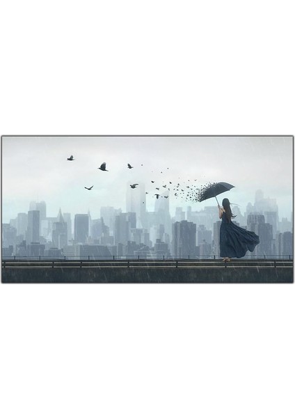 Siyah Elbiseli Kadın ve Kuşlar Kanvas Tablo
