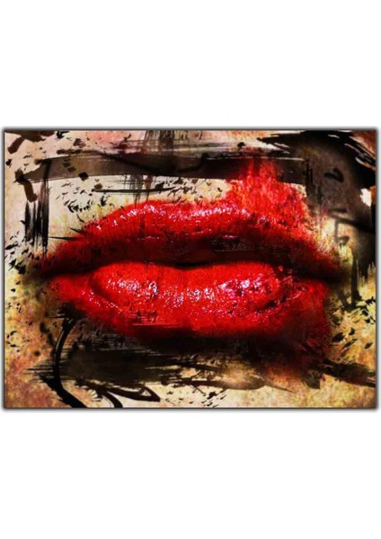 Kırmızı Rujlu Kadın Dudağı Kanvas Tablo