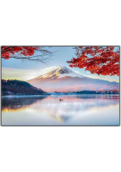 Fuji Dağı ve Kırmızı Yapraklı Ağaç Dalları Kanvas Tablo