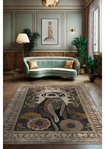 Nuh'un Gemisi Koleksiyonu Mirket, Çiçek Desenli Art Deco Tarzı Vintage Halı,Çok Renkli Maksimalist Halı