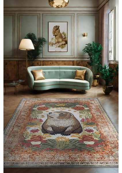 Nuh'un Gemisi Koleksiyonu Su Samuru, Çiçek Desenli Art Deco Tarzı Vintage Halı,Çok Renkli Maksimalist Halı