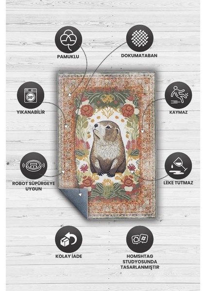 Nuh'un Gemisi Koleksiyonu Su Samuru, Çiçek Desenli Art Deco Tarzı Vintage Halı,Çok Renkli Maksimalist Halı