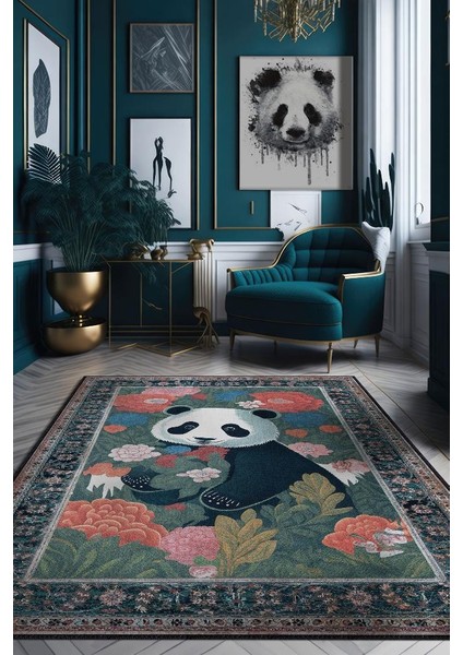 Nuh'un Gemisi Koleksiyonu Panda, Çiçek Desenli Art Deco Tarzı Vintage Halı,Çok Renkli Maksimalist Halı