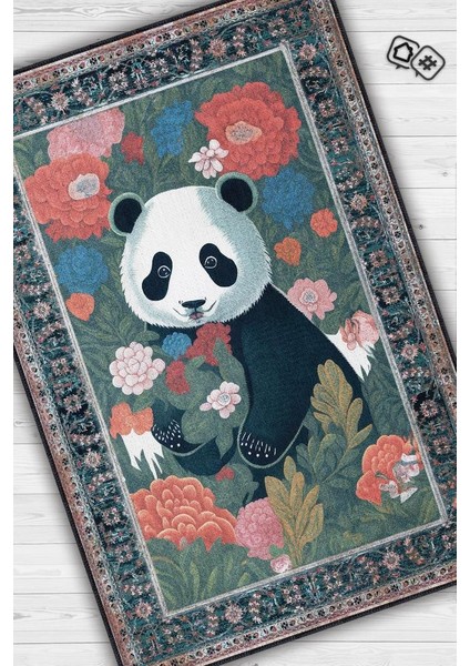 Nuh'un Gemisi Koleksiyonu Panda, Çiçek Desenli Art Deco Tarzı Vintage Halı,Çok Renkli Maksimalist Halı